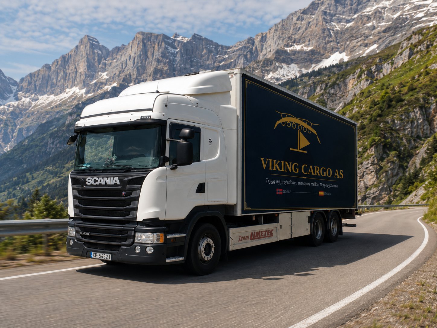 Viking Cargo Scania-vogntog på norsk vestlandsvei — privat flytting og varetransport til Spania